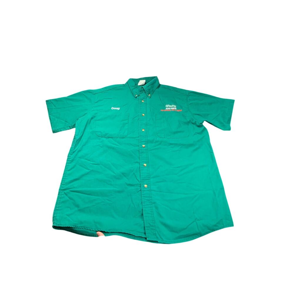 O’Reilly Auto Parts Work Shirt Mens Large Green Button Front Uniform Doug USA